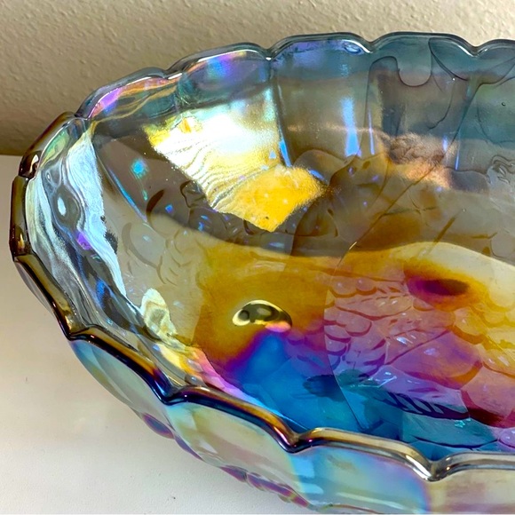 Vintage Indiana Glass Iridescent Blue Harvest Grape Footed Fruit Bowl 12 3/8” - Picture 2 of 12
